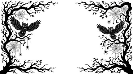 Halloween border Spooky Halloween border vector, creepy bare tree branches with flying owls, gothic spider webs and spiders decorative frame isolated on White Background eps
