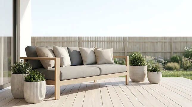 A modern outdoor storm proof couch on a wooden deck during a sunny day highlighting durable furniture design suitable for unpredictable weather conditions.