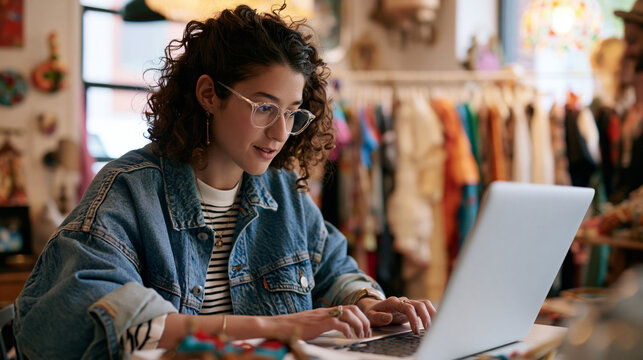 Photorealistic candid lifestyle scene of a young female vintage clothing store owner sitting at a small desk in the back of her shop updating inventory on a laptop, a rack of caref