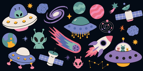 Outer space stickers collection with cute green aliens, flying saucer spaceships, rocket ship, fiery comet, satellite, and planets. Cosmic galactic set for children print design. © Jennie