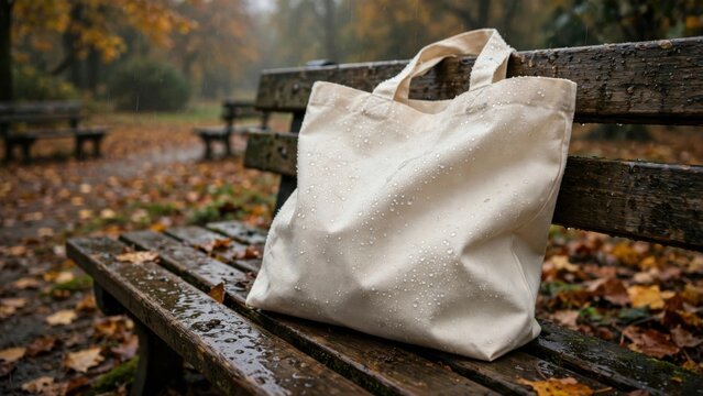 A beige tote bag rests on a wet wooden park bench in autumn.