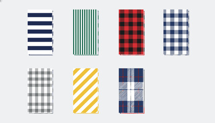 Fototapeta premium Set of seven fabric pattern swatches featuring stripes, plaid, gingham, and checkerboard designs in various colors.