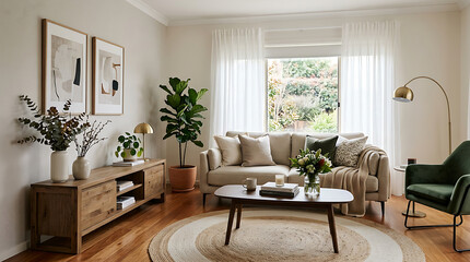 Fototapeta premium Modern living room with neutral decor and natural lighting.