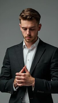 Young businessman in a black suit and white shirt stands thoughtfully with hands clasped, looking down. Professional studio portrait with a neutral gray background.