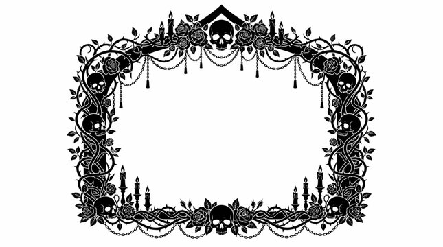 Halloween border Gothic skull frame vector, ornate halloween border with roses and candles, dark vintage decorative frame for spooky invitations isolated on White Background eps