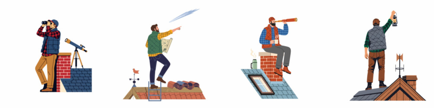 Set of vector illustrations featuring men on rooftops observing the sky using binoculars, a telescope, a spyglass, and a lantern.