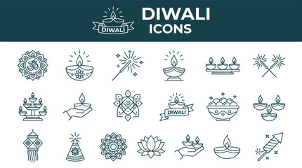 Set of diwali celebration line icons featuring traditional oil lamps lanterns fireworks and festive decorations for indian festival of lights Vector © ayesha