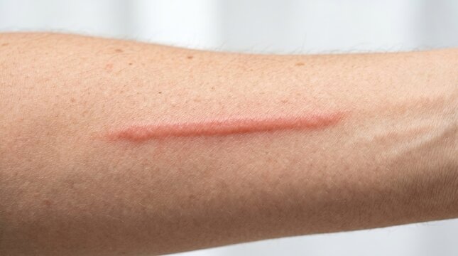 Macro view of a raised reddish hypertrophic scar or irritated keloid on human arm skin
