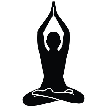 Person meditating in lotus position with hands in prayer mudra silhouette vector line art illustration.