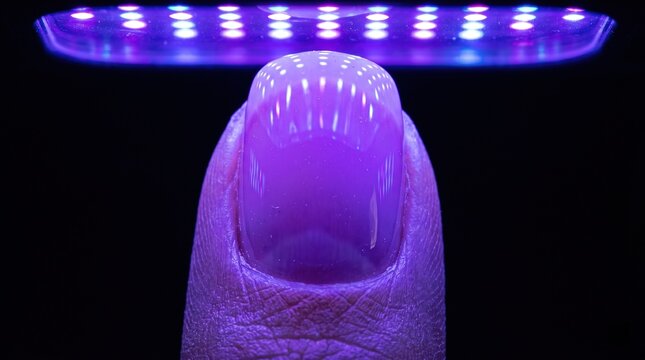 Extreme macro close up of a glossy fingernail under purple violet UV LED nail curing lamp