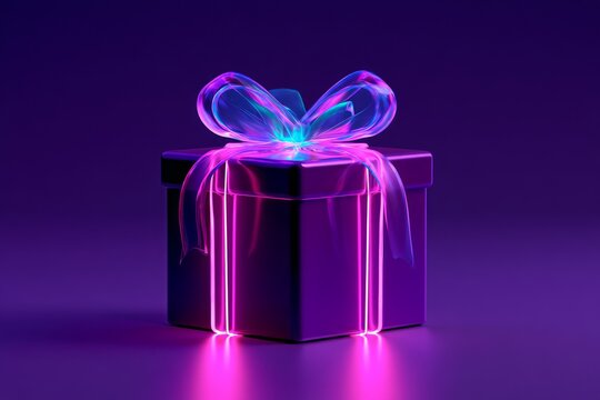 Neon Gift Box with Glowing Ribbon on Dark Purple Background