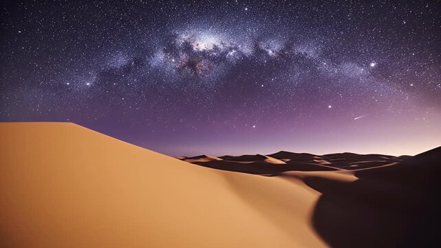 Vast desert dunes under a vibrant starry night sky with the Milky Way