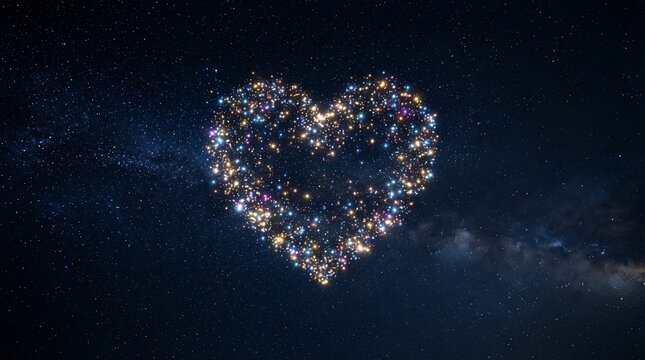 Sparkling heart shape formed by numerous small lights against night sky