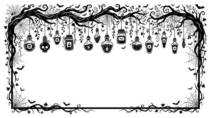 Halloween border Spooky Halloween border with hanging magic potion bottles, creepy gnarled tree branches and spider webs, gothic mystical frame for invitations isolated on White Background eps © shaun