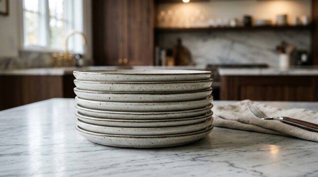 Stack of ceramic plates on kitchen counter with blurred background