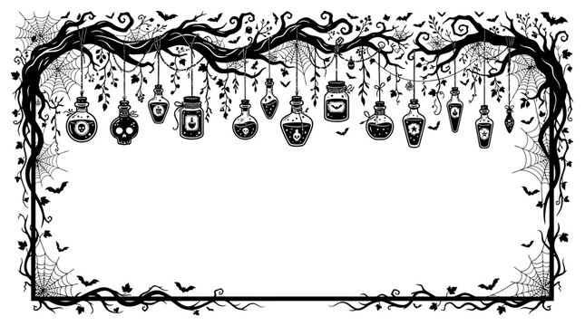 Halloween border Spooky Halloween border with hanging magic potion bottles, creepy gnarled tree branches and spider webs, gothic mystical frame for invitations isolated on White Background eps