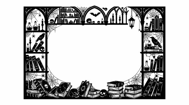 Halloween border Gothic Halloween border with mystical library elements, spooky occult frame featuring skulls and ravens, dark academia aesthetic vector illustration isolated on White Background