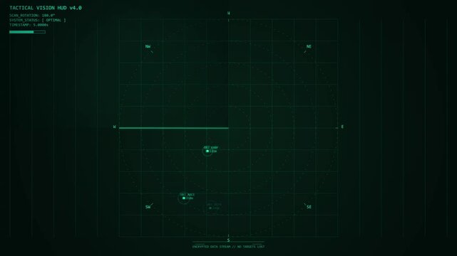 Digital radar screen display showing a moving target with grid lines and digital data, cyber warfare simulation or navigation interface, futuristic technology
