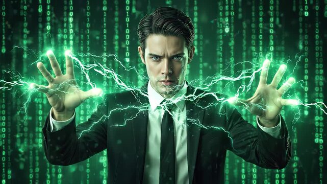 Professional man manipulating digital binary code with glowing energy. Cyber security expert controlling virtual data flow in high-tech environment. Lockdown medium shot.