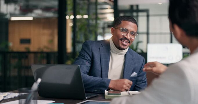 Interview, man and smile with handshake in office for finance vacancy, new recruit and onboarding. Company growth, HR manager and candidate shaking hands for financial role, contract offer or success