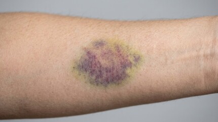 Fototapeta premium Close-up of a large purple and yellow bruise on a human forearm showing healing stages of hematoma and contusion.