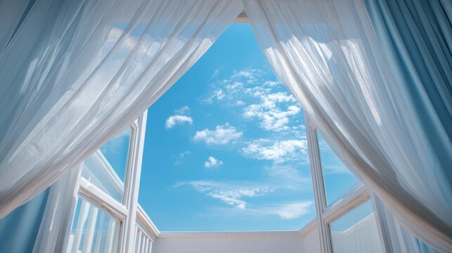 Open balcony doors with flowing sheer curtains revealing blue sky and clouds in bright daylight