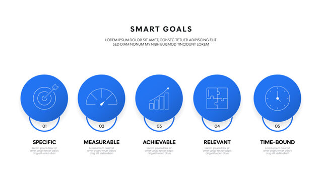 SMART Goals diagram infographic template for Strategic Goal Presentation are Specific, Measurable, Achievable, Relevant, and Time-bound. Icons and diagrams chart. Personal and business goals setting.