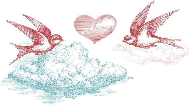 Vintage engraving sketch of two flying swallows with heart and clouds romantic love illustration