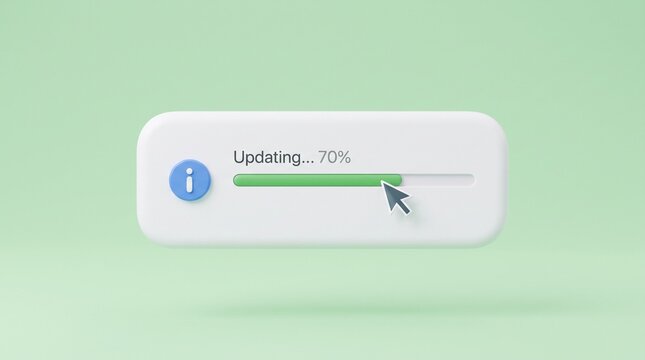 Software System Update Progress Bar at 70 Percent with Information Icon and Mouse Cursor.