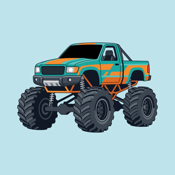 A vibrant cartoon illustration of a monster truck with a teal body and bold orange racing stripes on a light blue