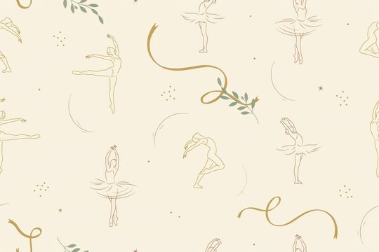 Seamless pattern with delicate golden line of ballet dancers and ribbons on a light cream background, soft and graceful dance theme