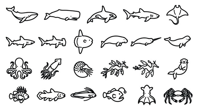 Minimalist sea life icon set, black line art ocean animals collection, 24 marine creature vector illustrations for educational infographics