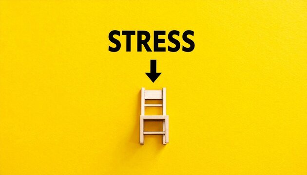 Bright yellow background with arrows showing stress causing imbalance chairs