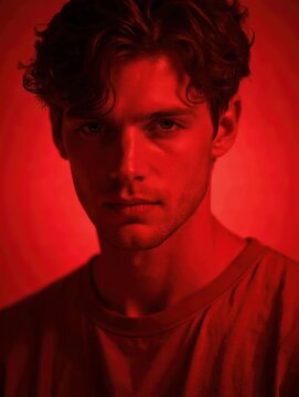 Young man portrait illuminated by dramatic red light creating intense modern cinematic atmosphere