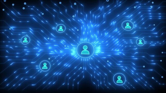 A visual representation of digital connectivity, showcasing networks and users interconnected in a modern tech environment.4k video animation.
