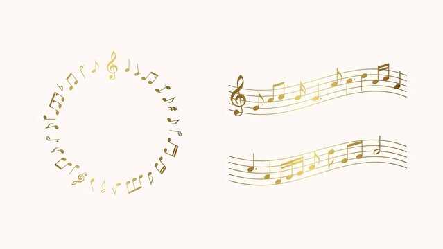 Gold musical notes arranged in a circle and wavy staff lines