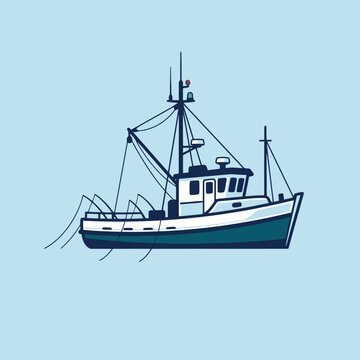 A detailed vector illustration of a commercial fishing trawler on a calm, light blue sea background