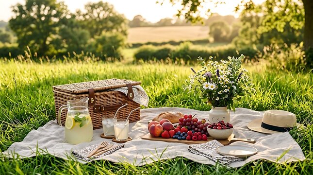 Serene Outdoor Picnic Scene with Fresh Fruits and Lemonade