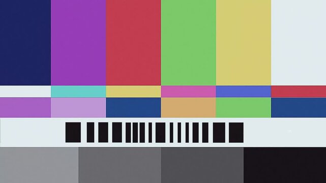 Standardized electronic broadcast test pattern for media calibration, featuring vibrant color bars, grayscale gradients, and technical visual data 