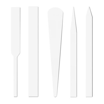 Blank white perfume tester paper strip. Realistic vector mockup set. Disposable fragrance test strips. Mock-up kit. Aroma scent testing sample blotter. Template for design