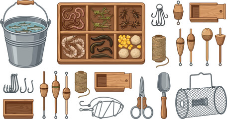 Vintage fishing bait and tackle gear kit featuring wooden box worms live bait bucket hooks bobbers floats and angling equipment vectors © MdAbdul