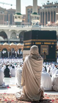 Muslim Pilgrim Praying in Front of the Kaaba in Mecca During Hajj or Umrah Pilgrimage, Rear View with Copy Space