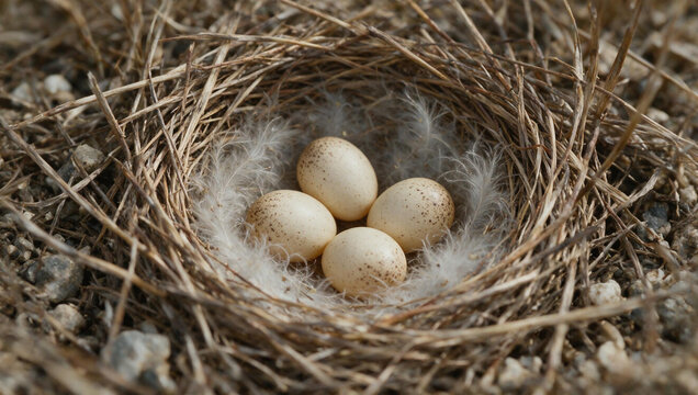 Close-up of a bird nest on the ground with four speckled eggs. Woven dry grass nest lined with white feathers. Spring wildlife reproduction and nesting