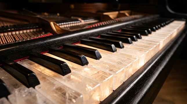 Macro view of pristine grand piano keys crafted from polished ebony and translucent quartz bathed in dramatic theatrical spotlighting.