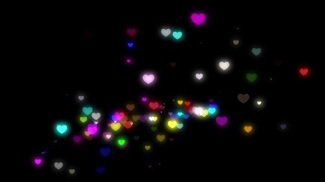 Abstract romantic heart particles flow with colorful floating love icons, glowing valentine's hearts, sparkling wedding celebration overlay, seamless cinematic motion graphics on black background 4k