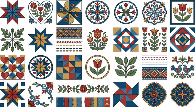 Vintage pennsylvania dutch quilt blocks kit featuring traditional amish hex signs geometric stars folk floral tulips and rustic pattern vectors
