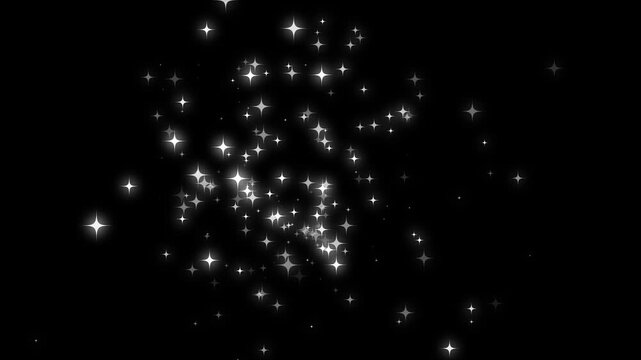 Magic glitter sparkle star trail animation with glowing fairy dust, twinkling white shimmer particles, luxury bokeh light burst, elegant wand transition overlay on black background, 4k