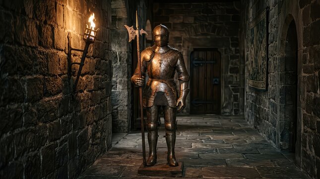 Medieval knight armor in a stone castle. Ancient suit of metal plate armor with halberd.