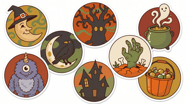 Retro vintage Halloween sticker bundle with halftone spooky characters and nostalgic autumn icons isolated on white