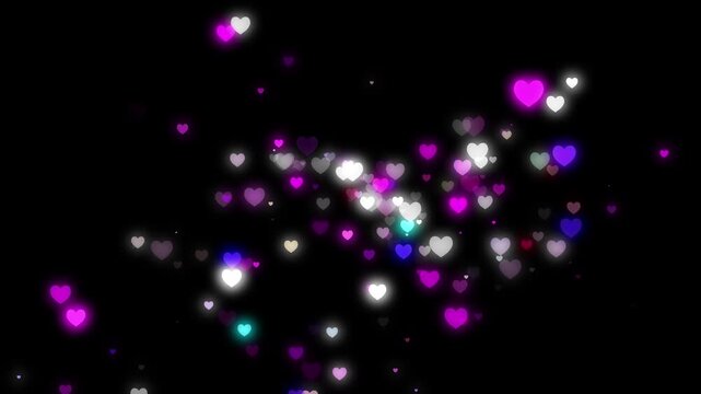 Abstract swirling colorful heart particles overlay on black background, glowing valentine's day hearts, dreamy sparkle overlay, wedding motion graphics, cinematic black background loop animation 4k
